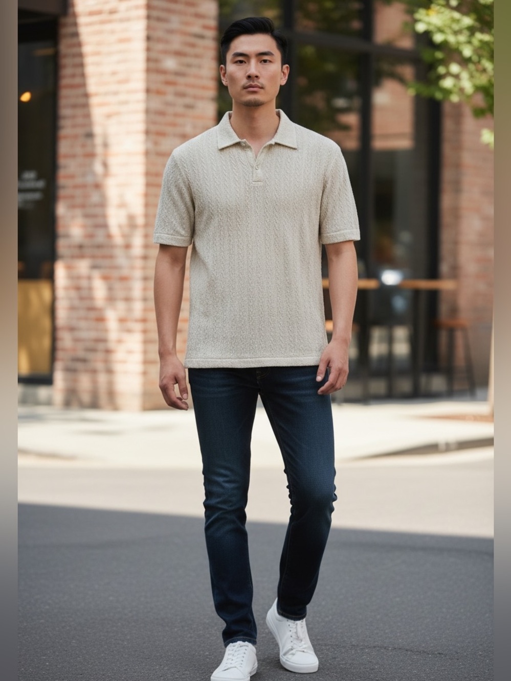 Zara Men's Short-Sleeve Knit Polo in Light Beige AGW05